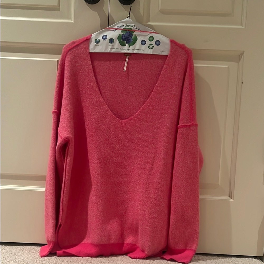 Free People Pink V-Neck Sweater Oversized Knit